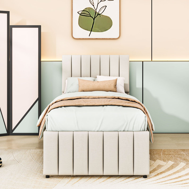 Lit plateforme tapissier avec lit gigogne et 3 tiroirs, Beige, Simple