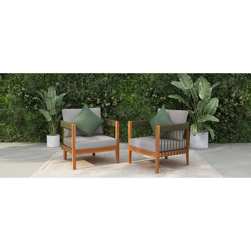 [Ensemble de 2] Fauteuil club d'extérieur en bois d'acacia avec détails en corde tissée à la main et dossier incurvé