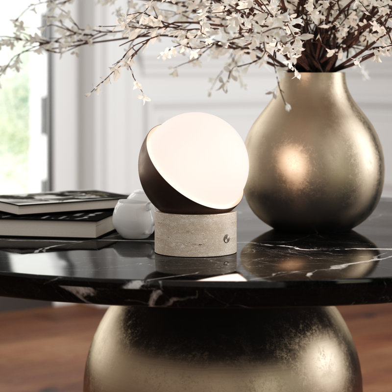 Lampe de table à DEL sans fil rechargeable ORB, contrôle tactile à 3 niveaux de luminosité, travertin / bronze chocolat