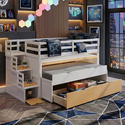 Lit mezzanine bas pour enfants avec bureau intégré, lit gigogne simple coulissant, escalier de rangement et 2 tiroirs, très long, ferme moderne, chambre d'enfant