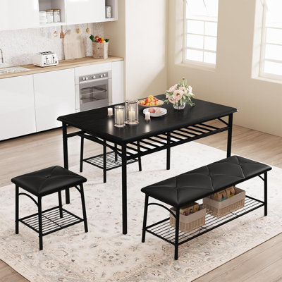 4-Piece Dining Table Set with Upholstered Bench & Chairs, Kitchen & Small Dining Room Furniture with Storage Rack
