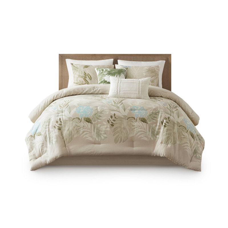 Ensemble d'édredon surdimensionné en coton taupe 6 pièces avec imprimé tropical et coussins décoratifs