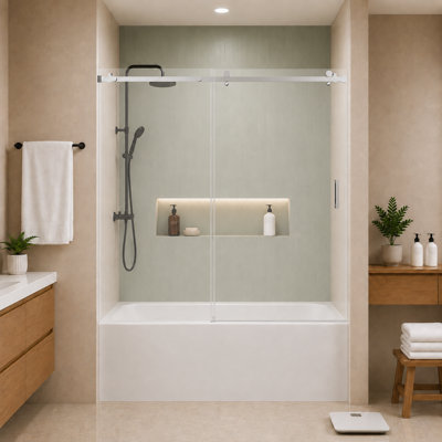 56-60" W X 60" H Frameless Sliding Shower Door, Tempered Glass Tub Shower Door With Adjustable Width, Chrome