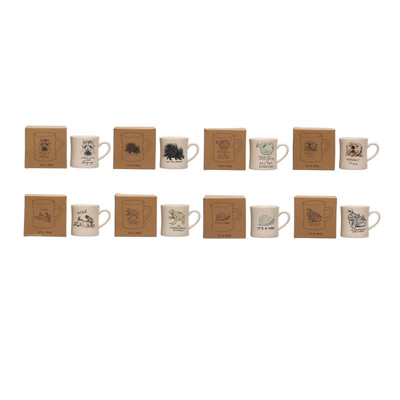 Grande tasse ronde en grès de 5 pouces avec motifs animaliers et boîte de rangement