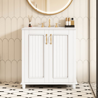 Meuble-lavabo autoportant de 30 pouces avec lavabo en céramique, armoire de rangement, grand rangement, charnières réglables à fermeture douce, pieds romains, tiroir caché de conception moderne, solution polyvalente, tableau, charnière de porte,