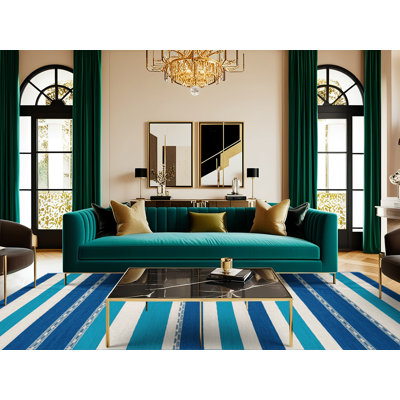  Tapis lavable rayé blanc azur