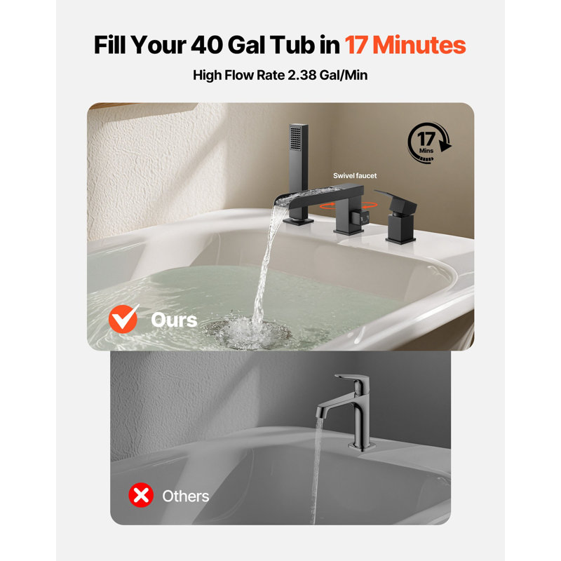 Roman Tub Faucet, 3 Hole Waterfall Bathtub Faucet, Widespread Roman Tub Faucets With Shower Head And 1 Handle, Romans Bathtub Faucets For Pet Washing, Adult Bathing, Matte Black, Dual Water Flow