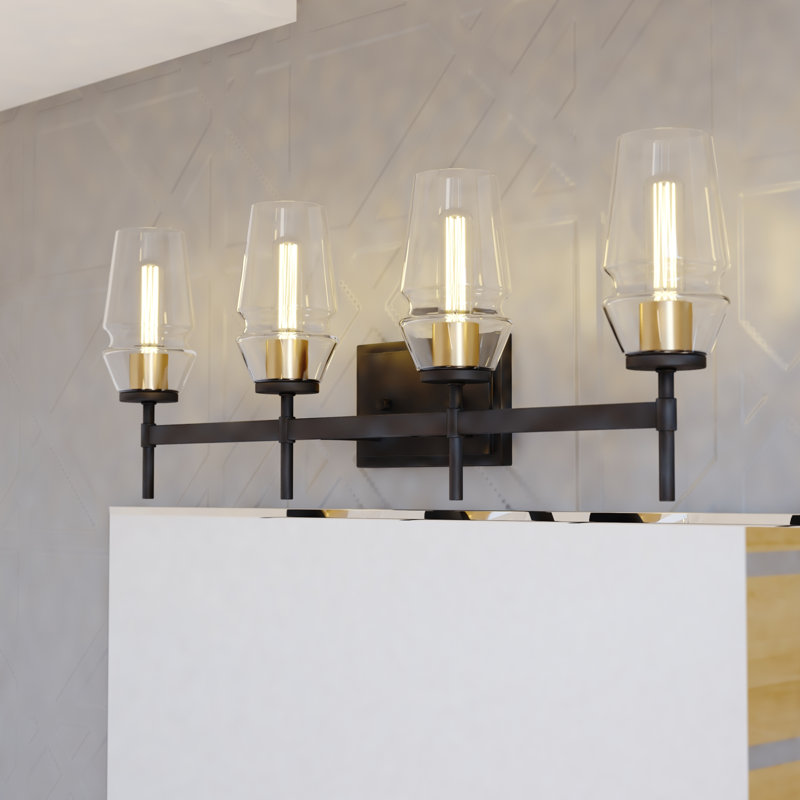 Legault Black And Brass Mid Century Modern Bathroom Vanity Wall Fixture Clear Glass, 4 Lights