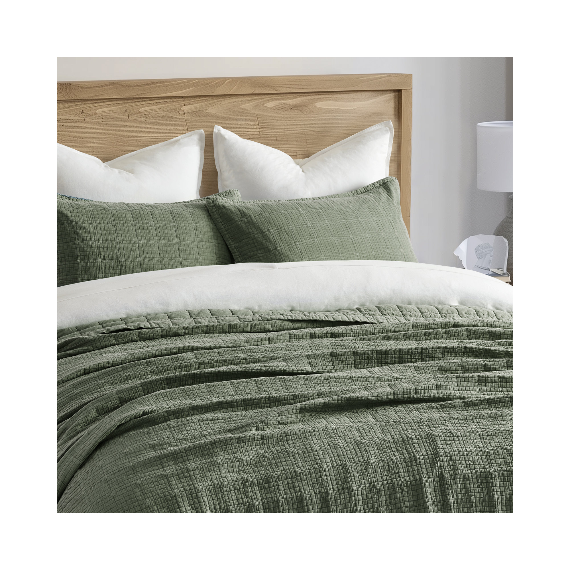 Stonewashed Crinkle Cotton Box Stitch Quilt Set, Blue Linen, Queen Quilt + 2 Queen Shams
