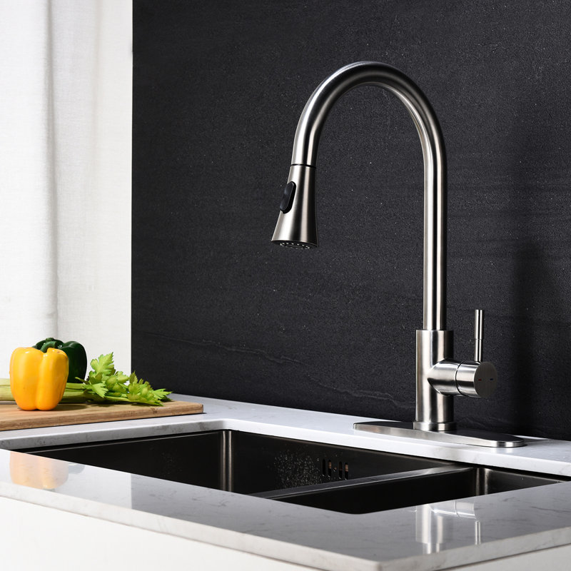 Brushed Nickel Kitchen Faucet With Pull Out Spray, Stainless Steel Created, 360 Rotating Nozzle For User- Water Application, Single Handle Control Feature Coated, Materialized, Simple Use, Function