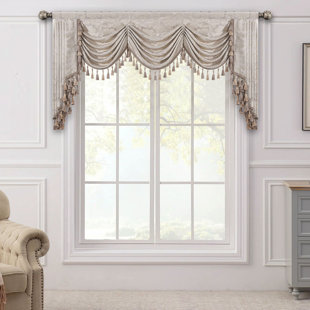 Élégante cantonnière à feston avec pompons, cantonnière en jacquard beige, habillage de fenêtre 1 panneau