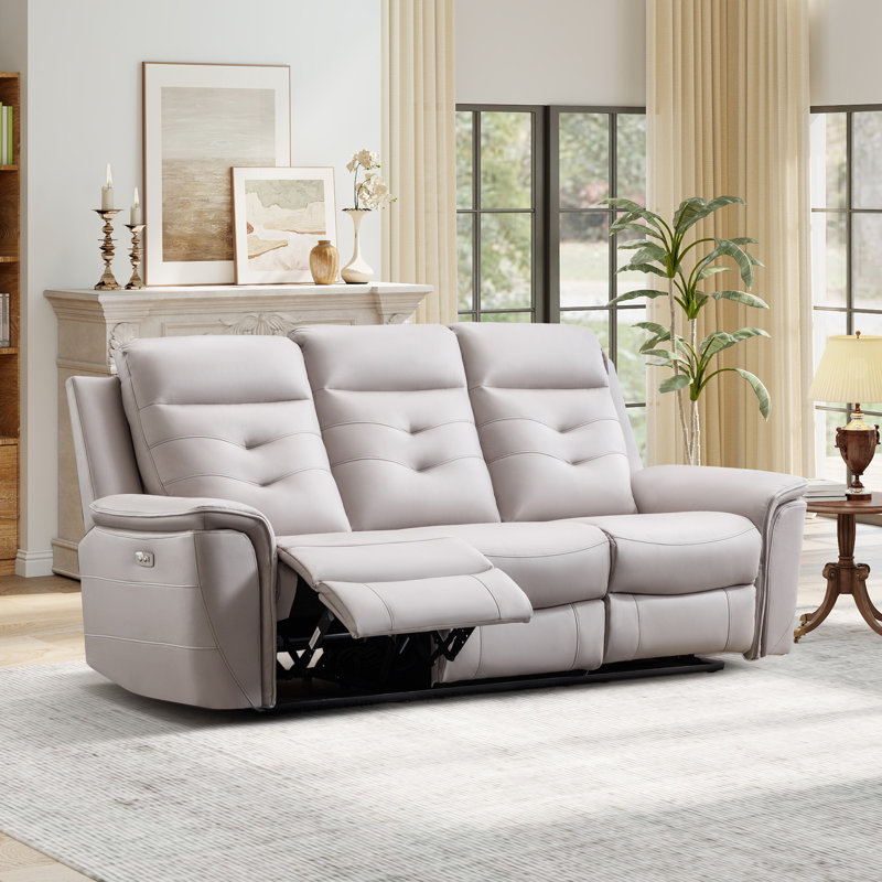 Joniah 84.65''Wide Pillow Top Arms Reclining Sofa with USB Charging, Light Gray