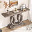 Console 55 po avec base géométrique en bois, canapé d'entrée rustique pour salon, couloir, vestibule - table d'appoint décorative pour présentation et rangement, gris