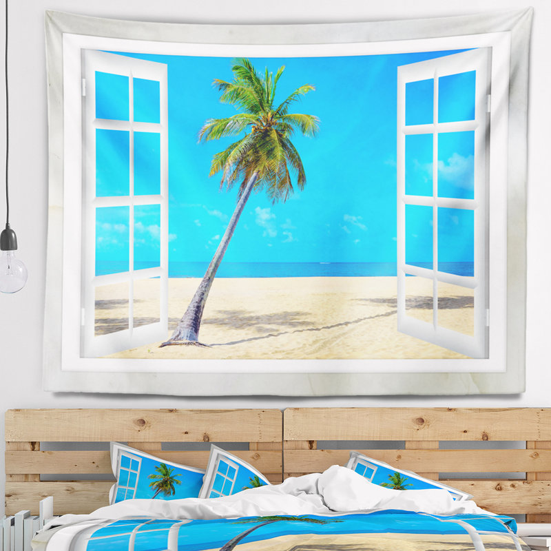 Fenêtre ouverte de mer pour une plage avec palm tapisserie, H 32 po x l 39 po