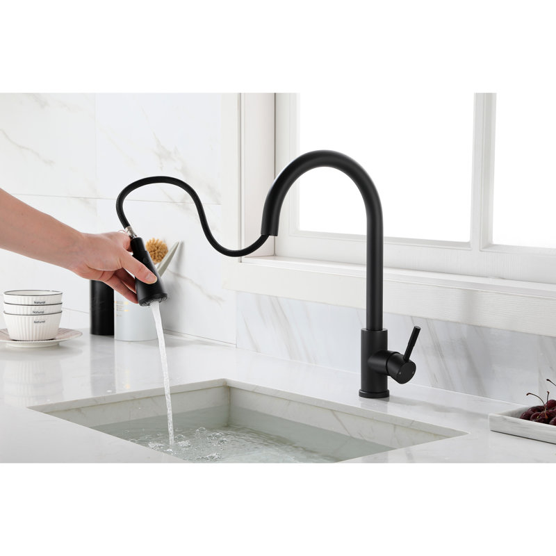 Robinet de cuisine extractible en noir mat, matériau en acier inoxydable, buse rotative à 360 °, poignée simple pour un débit d'eau simple et gestion de la température du robinet, acier noir, rotation facile