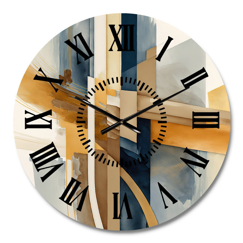 Horloge murale moderne moderne bleue et dorée à motif abstrait I, Médium