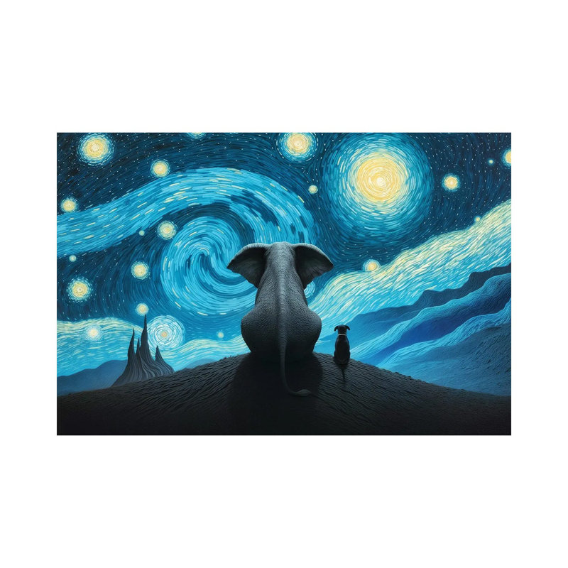 Elephant And Dog Looking At Starry Night by Mike Kiev - Wrapped Canvas Gallery-Wrapped Canvas Giclée, 66.04 cm H x 101.6 cm W