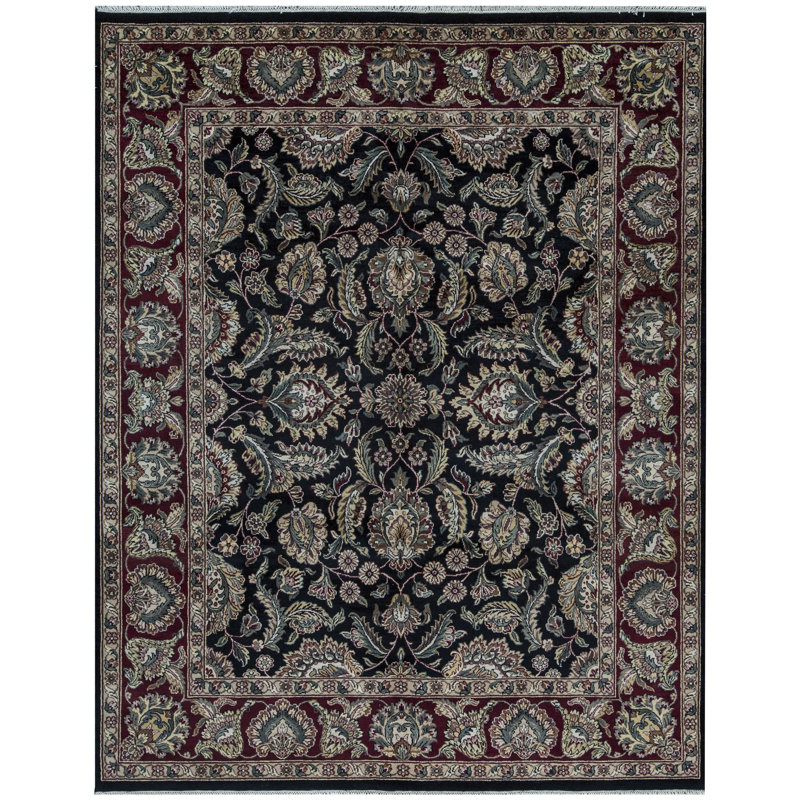 Tapis noir et rouge de haute qualité noué à la main, Rectangle 6 pi 1 po x 8 pi 11 po