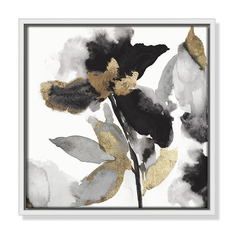 «Black Petals Black Gold Leaves II» par Asia Jensen, Blanc, H 13,5 po x l 13,5 po
