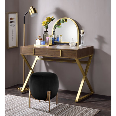 Meuble-lavabo 2 tiroirs avec miroir et plateau à bijoux, structure en métal doré noyer, 42 po de profondeur, 19 po de largeur, 50 po de hauteur, pour des tiroirs de maquillage élégants, miroir, finition, profond, large, haut, beauté sophistiquée