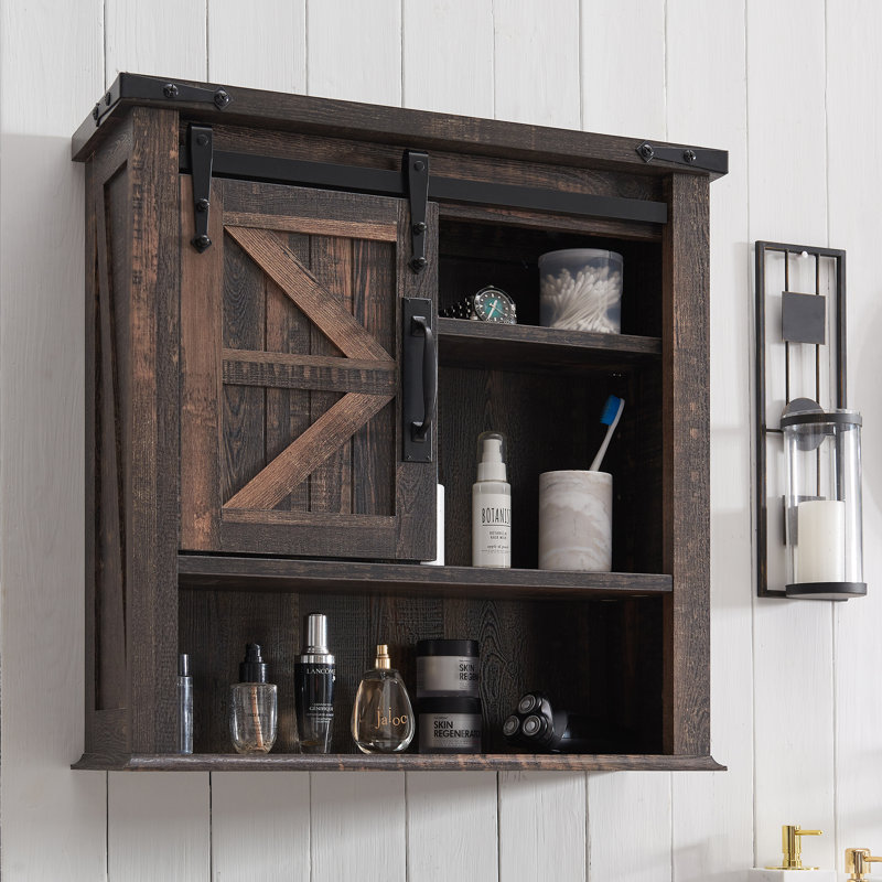 Kajus 23.5"W Farmhouse Bathroom Wall Cabinet, Wall Mounted Cabinet With Sliding Barn Door, Dark Rustic Brown