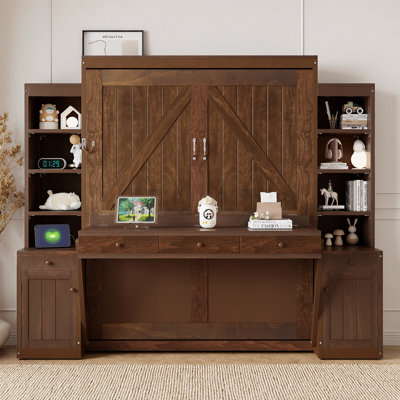 Grand lit escamotable avec bureau et rangement, lit mural en bois peu encombrant avec bureau d'étude intégré, armoires et tiroirs pour chambre d'amis de bureau à domicile, finition blanche ou espresso