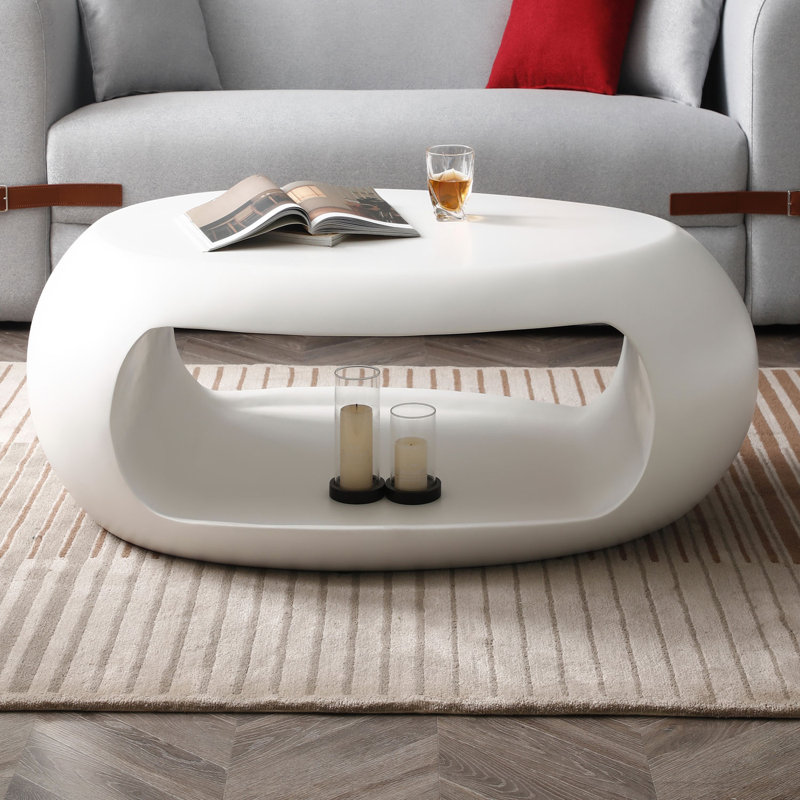 Table basse ovale moderne en fibre de verre de 39,37 po pour salon sans assemblage, élégante et durable, Blanc