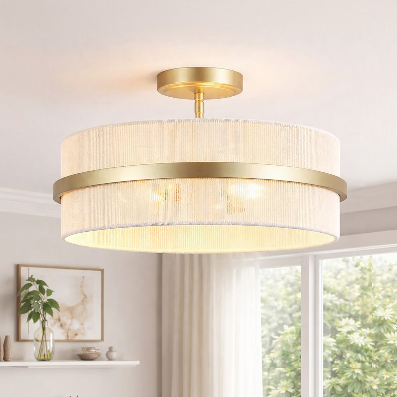 Plafonnier semi-encastré 15,7 po à 3 lumières en corde, Doré, Beige