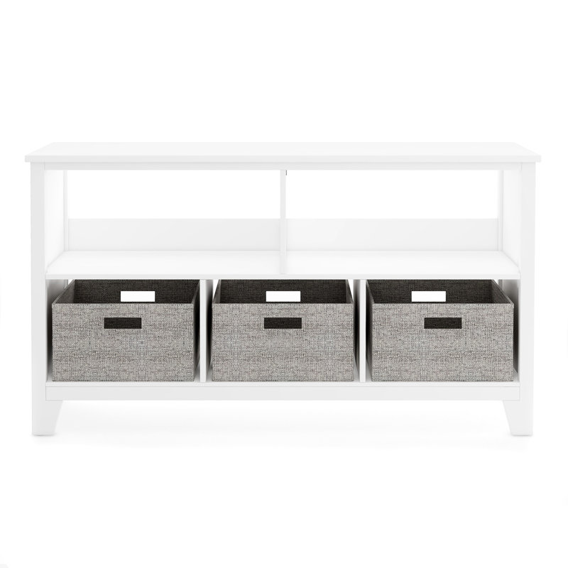 Creamy White Wooden Kids' Low Bookcase with Fabric Bins