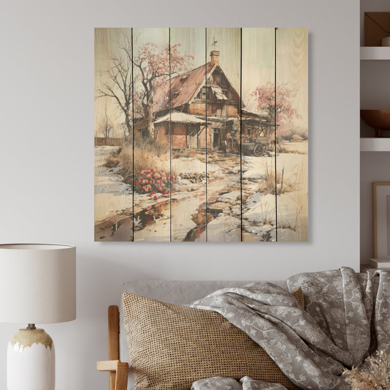 Charme de grange en hiver - Art mural en bois de grange sur bois de pin naturel, H 25 po x l 25 po