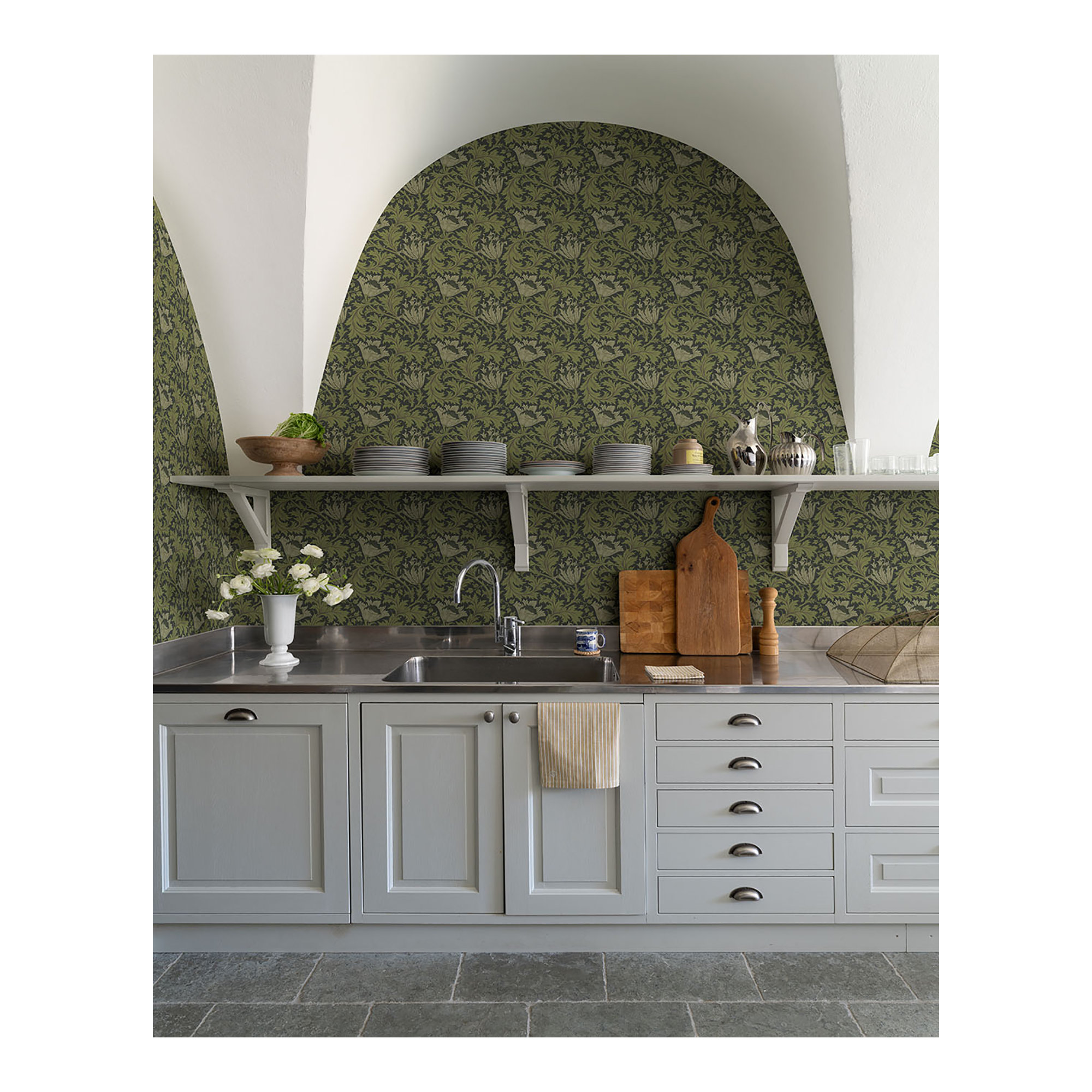 Anemone Floral Wallpaper, Dark Green