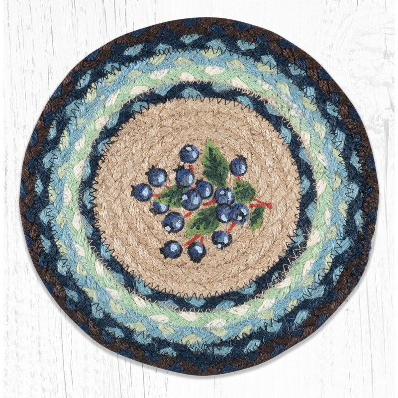  Round Jute Trivet 10"x10" – Blueberry Print with Braided Natural Fiber Design