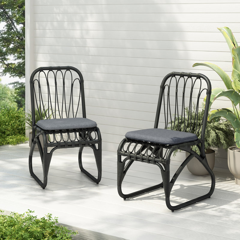 Chaises de salle à manger d'extérieur en osier avec coussin lavable PE, Gris, Noir