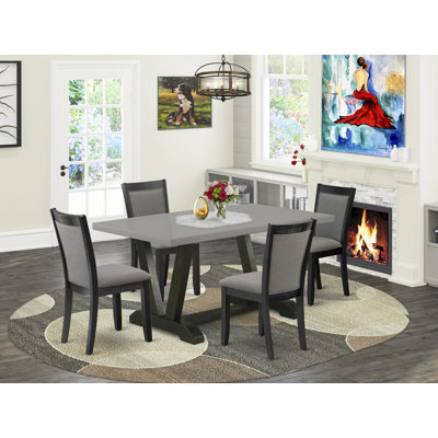 5-Pc Table Set Consists of a Cement Kitchen Table and 4 Dark Gotham Grey Linen Fabric Padded Parson Chairs with High Back - Wire Brushed Black Finish