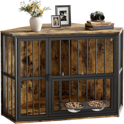 42.5" Corner Dog Crate Furniture with Feeding Bowls & Revolving Door for Small Dogs, Brown