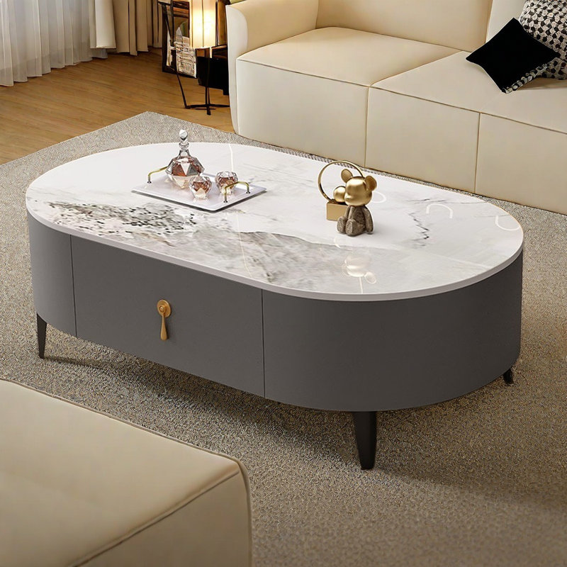 Table basse ovale de style simple et moderne, Blanc, Blanc / gris, H 15 po x L 47,2 po x l 23,6 po