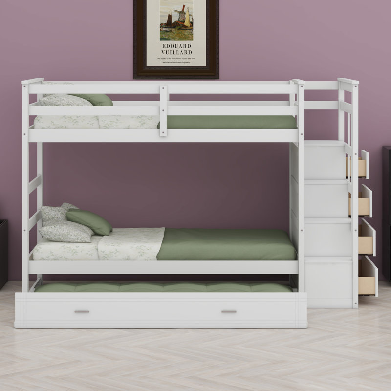 Bunk Bed With Trundle And Staircase, White