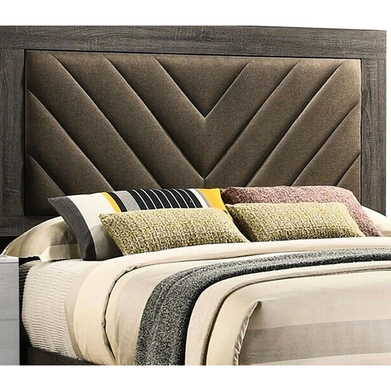 Lit double classique avec tête de lit tapissier à cadre transitionnel gris rustique et base en bois, Gris