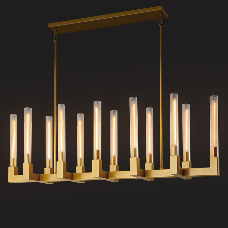 Naviel 12-Light Glass Tube Linear Chandelier, Gold, 17.8" H x 55" W x 12.6" D