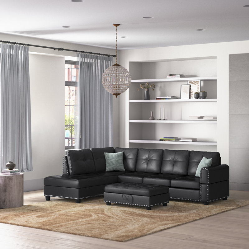 Nancy 97 " Faux Leather L-Shaped Sofa & Chaise with Ottoman