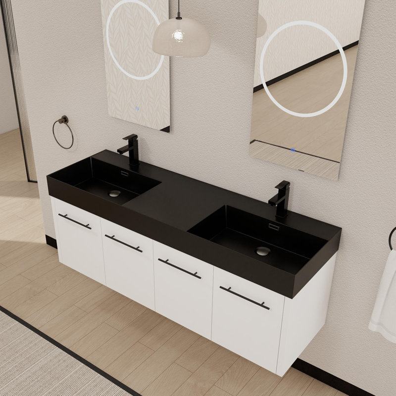 Meuble-lavabo mural 60 po avec lavabo épais 60 po, Noir, Blanc/noir lustré