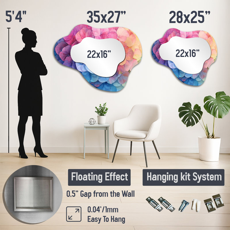 «Colorful Hydrangea Swirl I» - miroir asymétrique irrégulier, miroir mural traditionnel, imprimé sur métal, 25 po x 28 po