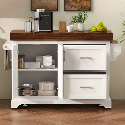 Grand îlot de cuisine de 53 po avec bureau de 3,5 po d'épaisseur, supports à épices et à serviettes, îlot de cuisine roulant avec rangement sur 5 roulettes, 2 très grands tiroirs, pour la maison, la cuisine, la salle à manger