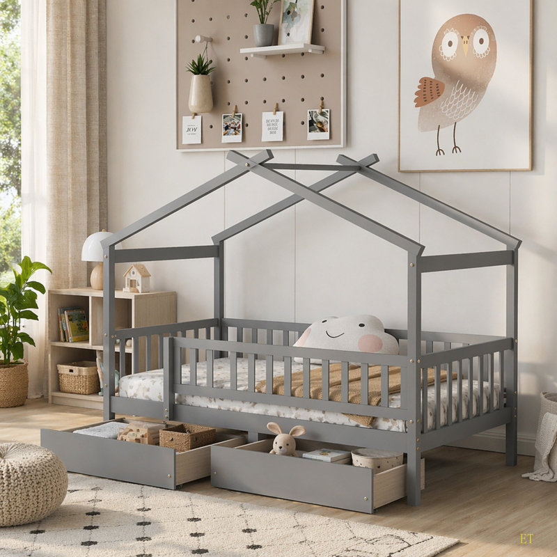 Lit simple en bois avec deux tiroirs, Gris