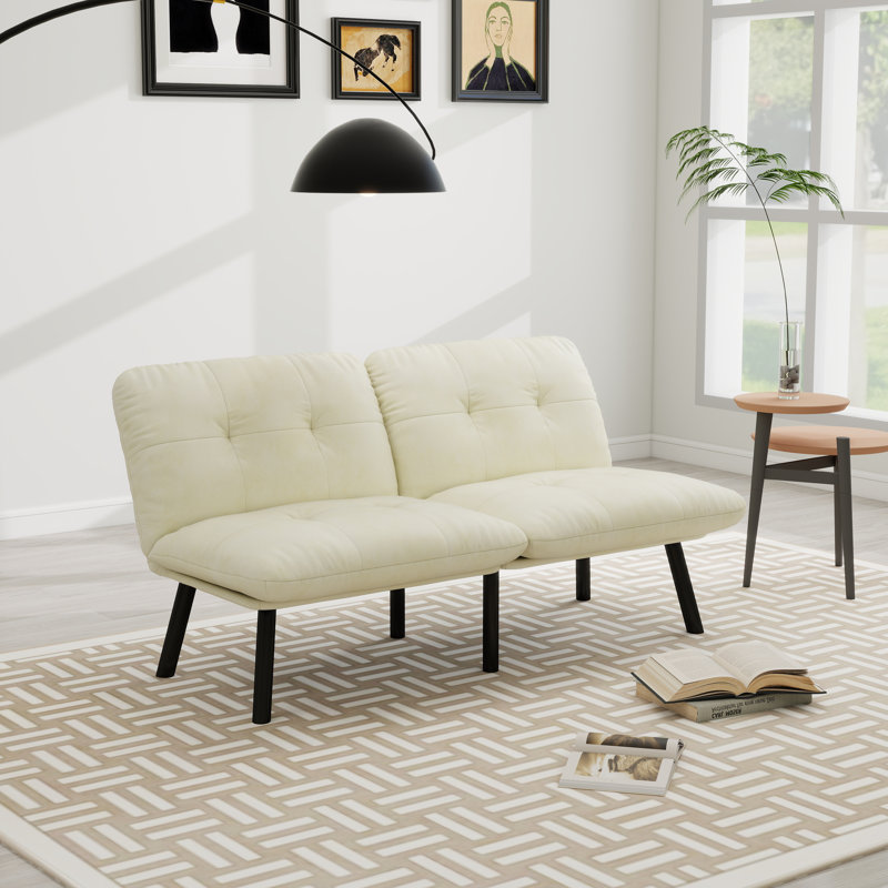 Adjustable Futon Sofa Bed With Velvet Fabric And Convertible Design, Cream Velvet