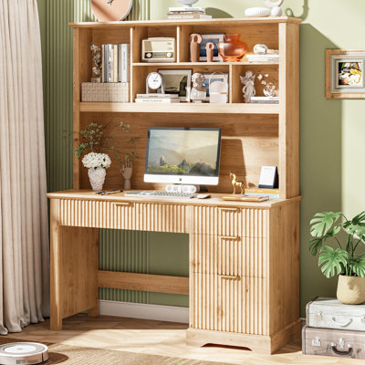 Fluted Executive Desk with Drawers, Wood Computer Desk with Ample File Drawer, Home Office Desk with Hutch for Study