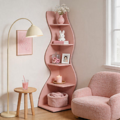 Bibliothèque d'angle moderne à 5 niveaux, support de rangement élégant et support pour plante pour le salon et le bureau personnel, rose