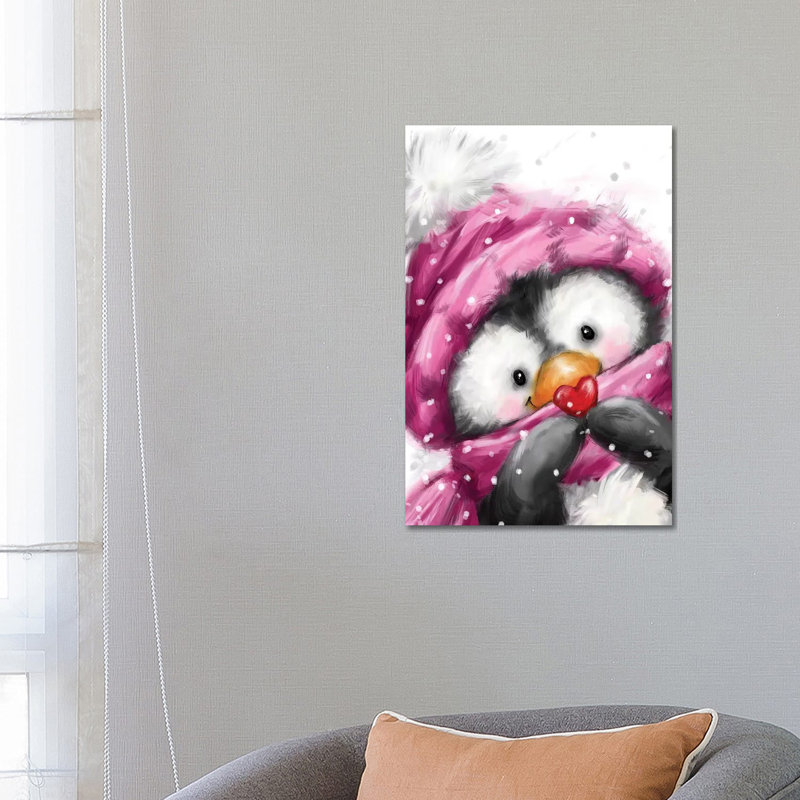Pingouin avec petit cœur par Makiko - peinture sur toile tendue, H 26 po x l 18 po x 1,5 po