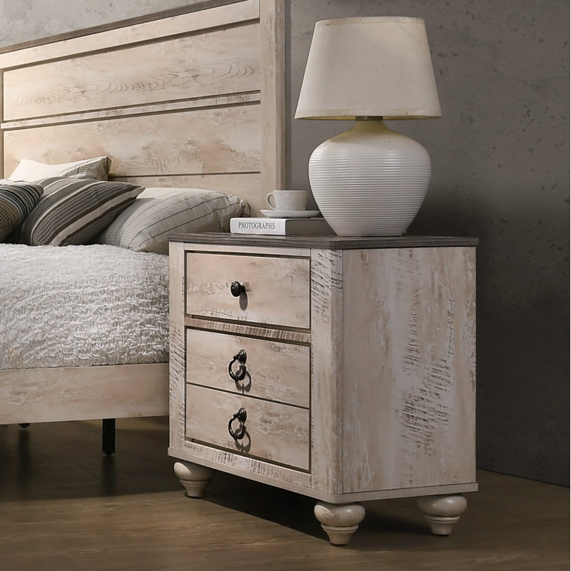 Contemporary Antique Brown Nightstand, 3 With Patched Wood Top And Modern Design For Bedroom Nightstand Top, 3 Drawers In Brown, Rustic Vintage Style