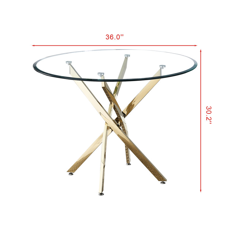 Élégante table de salle à manger en verre trempé de 36 pouces avec pieds et supports dorés, Doré